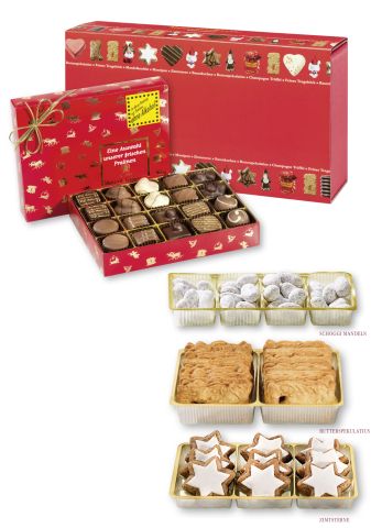 Christmas package non-alcoholic with pralines, pastries, almonds